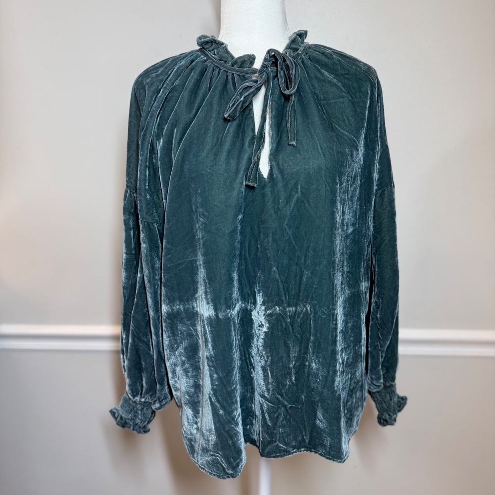 Summer Weatherly Teal Velvet Peasant Top M/L Boho Romantic Poet Sleeve Cottage